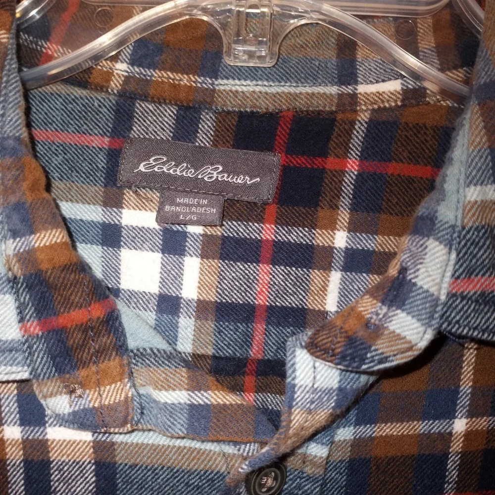 Eddie Bauer Flannel Shirts Mens Sz L Long‎ Sleeve Button Up Green Blue Plaid 2